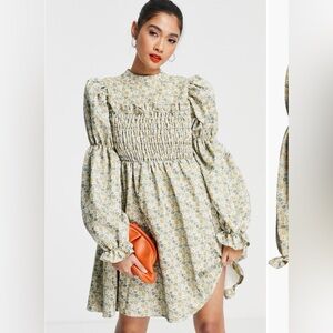ASOS Long Sleeve Floral Dress - Cream and Green